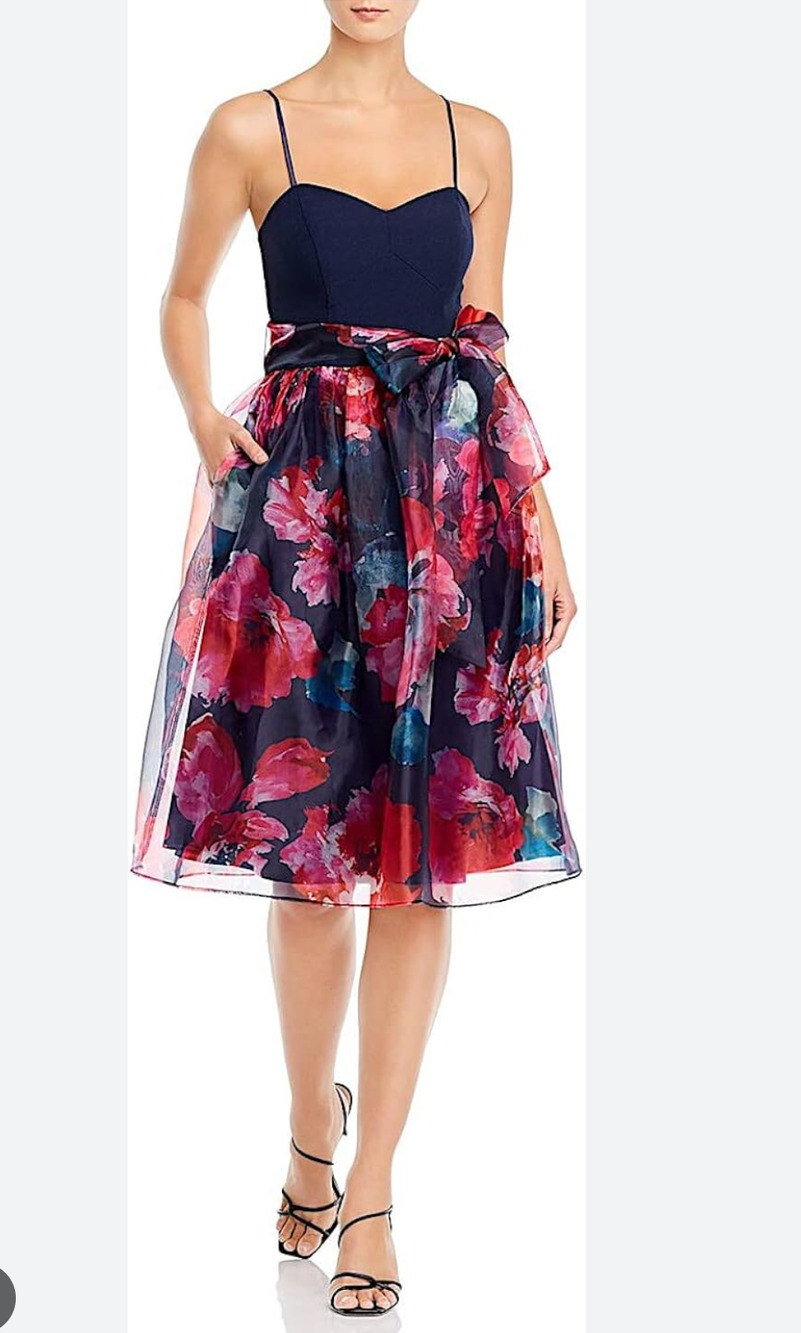 Eliza J. NWT Fit & Flare Bodice Built In Bra Dress Navy Floral Women's Size 0